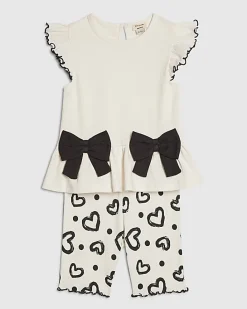Mini Girls Cream Peplum Rib Heart Shorts Set