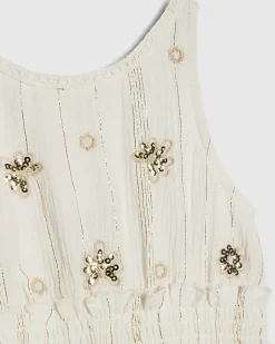 Mini Girls Cream Scalloped Sequin Beach Dress