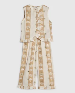 Mini Girls Cream Shell Stripe Trousers Set