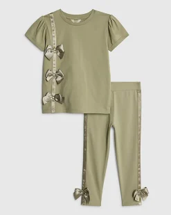 Mini Girls Khaki Satin Bow T-Shirt Set