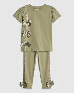 Mini Girls Khaki Satin Bow T-Shirt Set