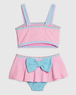 Mini Girls Pink Bow Textured Bikini Set
