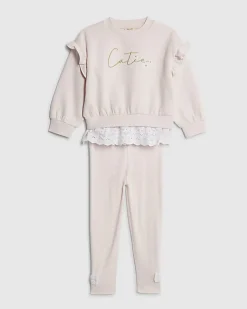 Mini Girls Pink Broderie Hem Sweatshirt Set