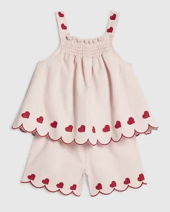 Mini Girls Pink Denim Heart Shorts Set