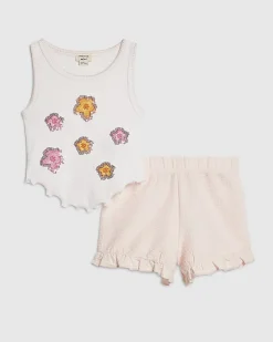 Mini Girls Pink Flower Vest And Shorts Set