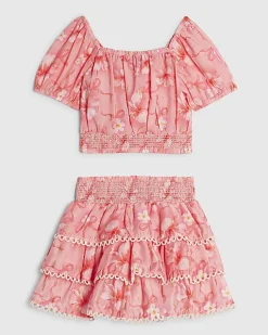Mini Girls Pink Hibiscus Bow Skirt Set