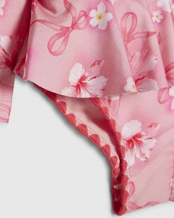 Mini Girls Pink Hibiscus Long Sleeve Swimsuit