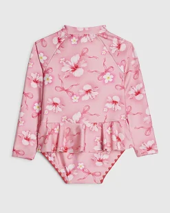Mini Girls Pink Hibiscus Long Sleeve Swimsuit