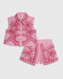 Mini Girls Pink Palm Tree Shirt And Short Set
