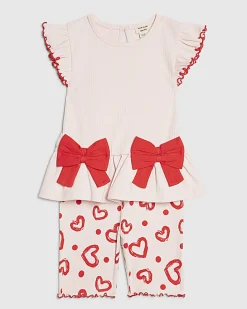 Mini Girls Pink Peplum Rib Heart Shorts Set