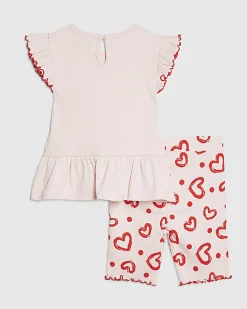 Mini Girls Pink Peplum Rib Heart Shorts Set