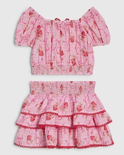 Mini Girls Pink Strawberry Bow Skirt Set