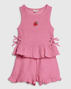 Mini Girls Pink Strawberry Top And Shorts Set