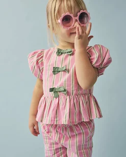Mini Girls Pink Stripe Bow Wide Leg Set