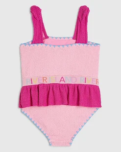 Mini Girls Pink Textured Elastic Swimsuit