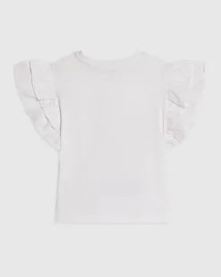 Mini Girls White Bear Frill Sleeve T-Shirt