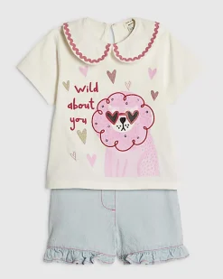 Mini Girls White Collar T-Shirt Denim Set