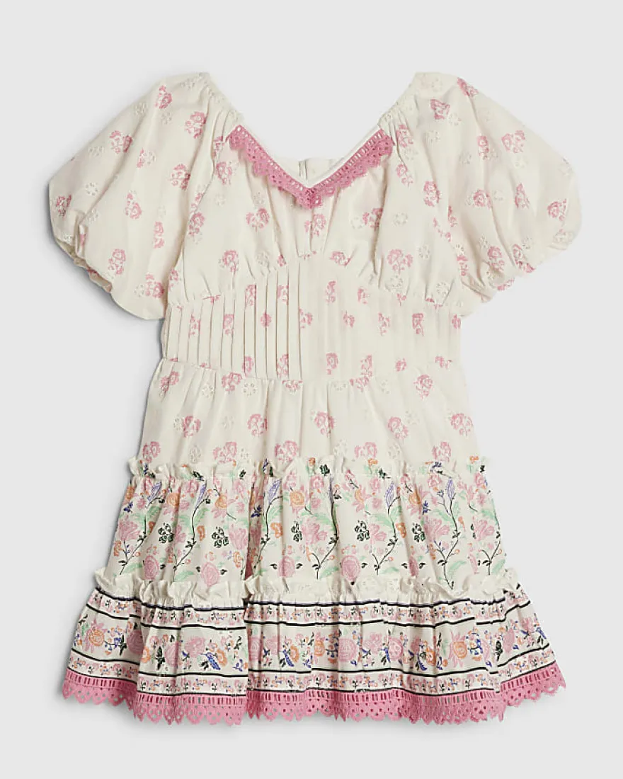 Mini Girls White Floral Belted Cotton Dress