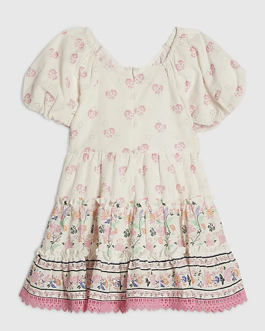 Mini Girls White Floral Belted Cotton Dress
