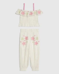 Mini Girls White Floral Trousers Set