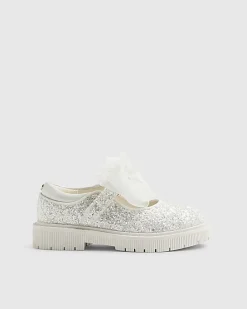 Mini Girls White Glitter Bow Mary Jane Shoes