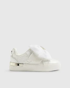 Mini Girls White Monogram Velcro Bow Trainers