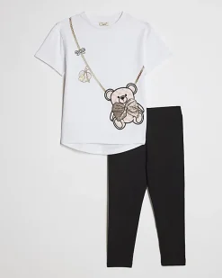 Mini Girls White Sequin Bear Bag Graphic Set