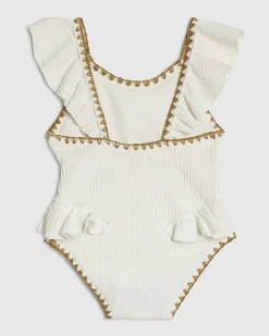 Mini Girls White Shell Textured Belt Swimsuit