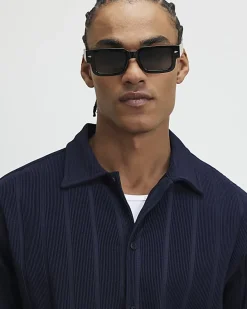 Navy Boxy Fit Ribbed Shirt