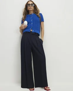 Navy Denim Look Wide Leg Trousers