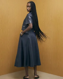 Navy Faux Leather Midi Skirt