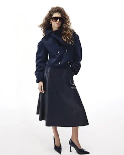 Navy Faux Leather Midi Skirt
