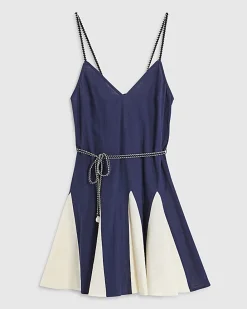 Navy Godet Tie Back Mini Dress