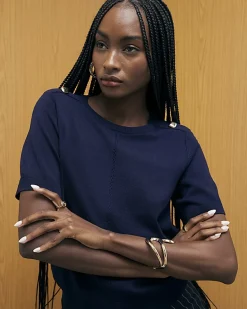 Navy Knitted Short Sleeve Top