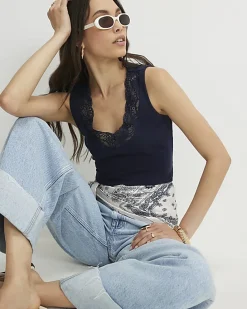 Navy Lace Trim Tank Top