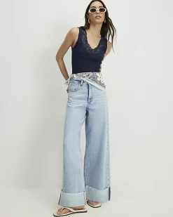 Navy Lace Trim Tank Top