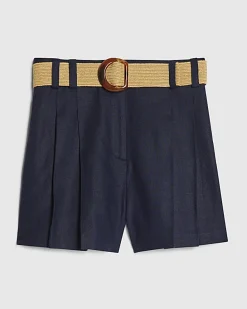 Navy Linen Blend Belted Shorts