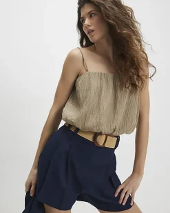 Navy Linen Blend Belted Shorts