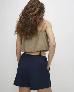 Navy Linen Blend Belted Shorts