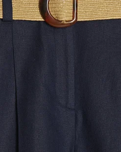 Navy Linen Blend Belted Shorts
