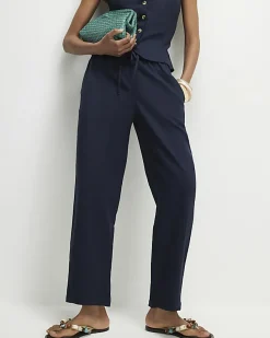 Navy Linen Blend Drawstring Tapered Trousers
