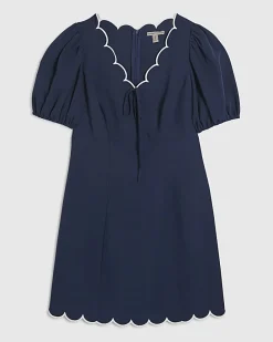 Navy Linen Blend Scallop Trim V Neck Dress