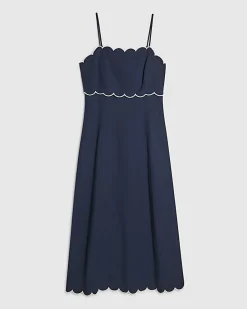 Navy Linen Blend Scallop Trim Midi Dress