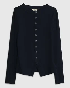 Navy Long Sleeve Popper Through Ribbed Top