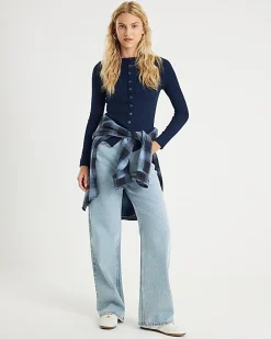 Navy Long Sleeve Popper Through Ribbed Top