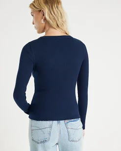Navy Long Sleeve Popper Through Ribbed Top