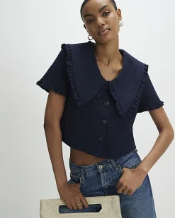 Navy Oversized Collar Boucle Top