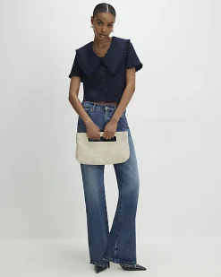 Navy Oversized Collar Boucle Top