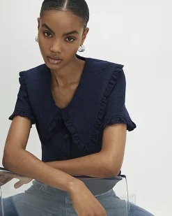 Navy Oversized Collar Boucle Top