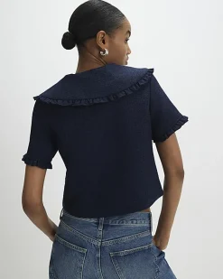Navy Oversized Collar Boucle Top